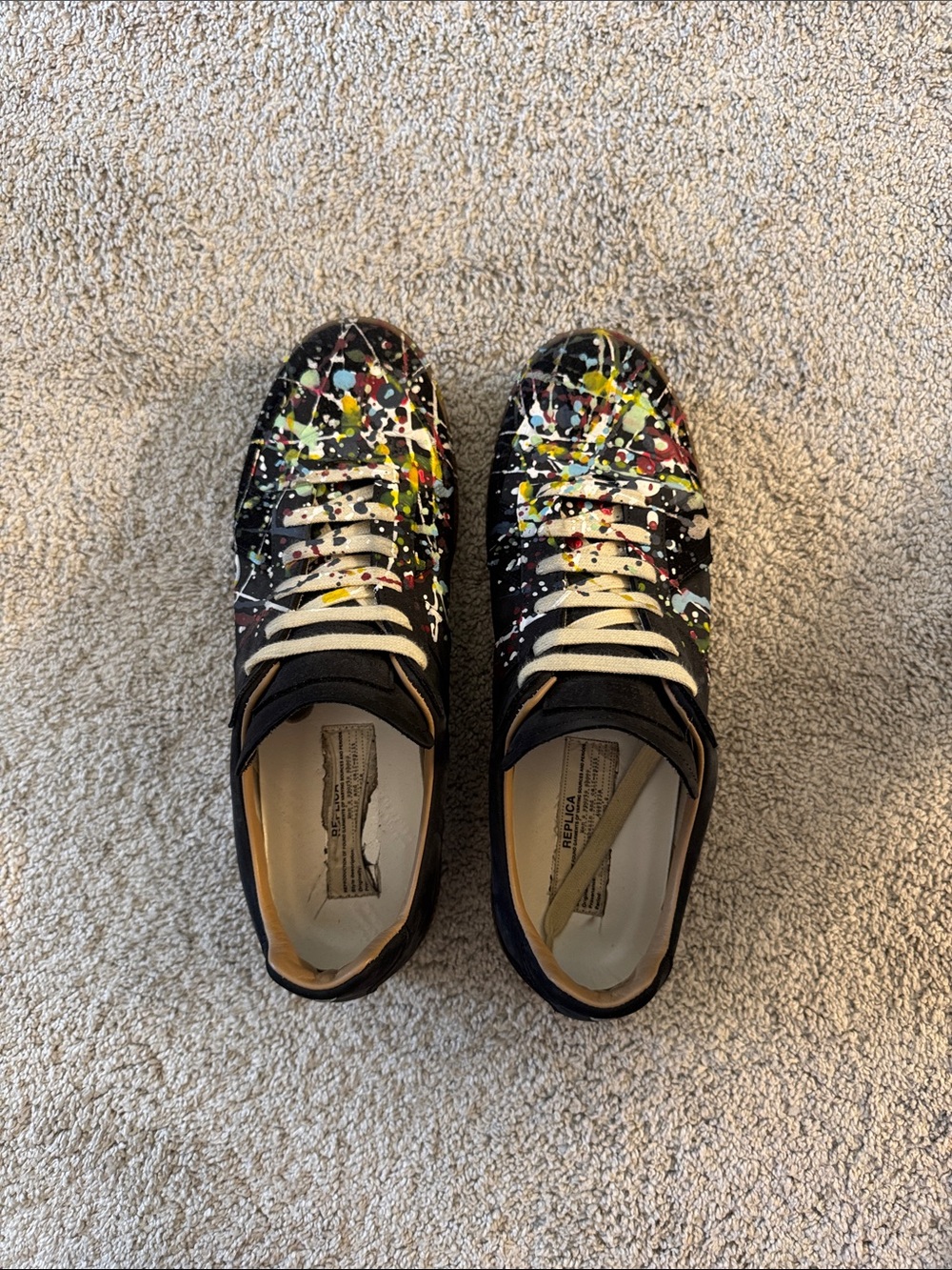 Maison Martin Margiela Black Leather Sneakers with Multicolor Paint Splatter